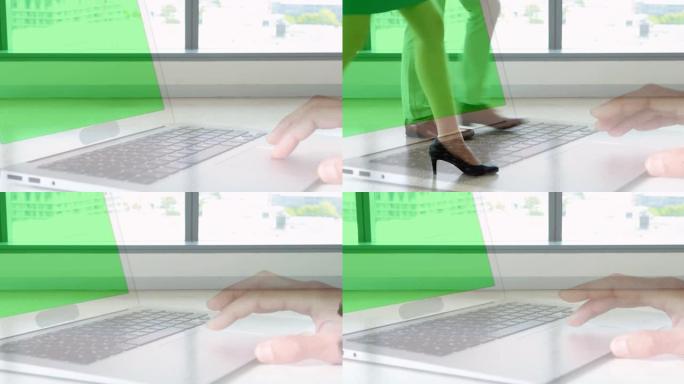 使用带有绿色屏幕的笔记本电脑的手的动画加速了通勤者在现代建筑中的行走