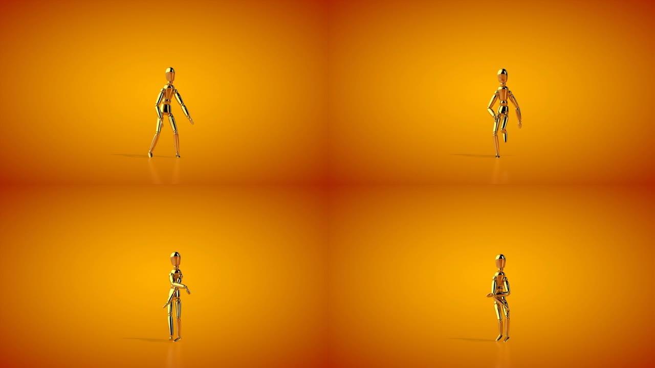 有趣的金色人体模特嘻哈侧步舞，无缝循环，橙色工作室