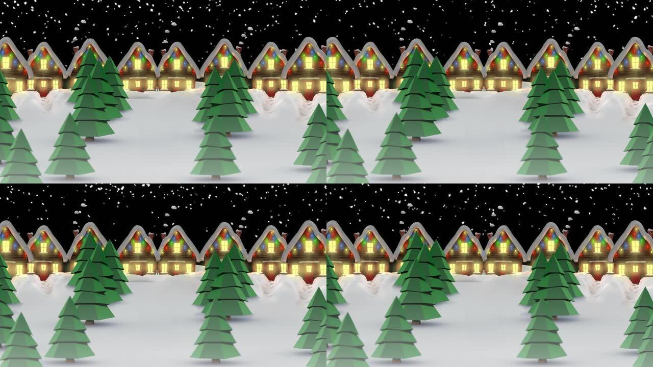 黑色背景上装饰房屋和枞树的冬季风景动画