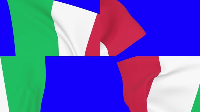 意大利国旗过渡。三色4k和1080高清镜头在蓝屏chromakey。三维渲染