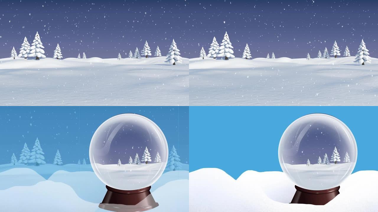 圣诞节雪球中积雪落在风景和树木上的动画