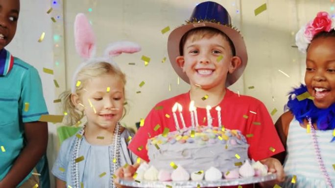 在生日聚会上，五彩纸屑掉落在生日蛋糕上的不同孩子身上的动画
