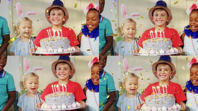 在生日聚会上，五彩纸屑掉落在生日蛋糕上的不同孩子身上的动画