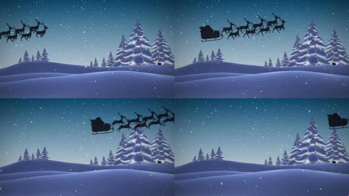圣诞老人在雪橇上的动画，驯鹿在积雪，红色斑点和冬季景观上