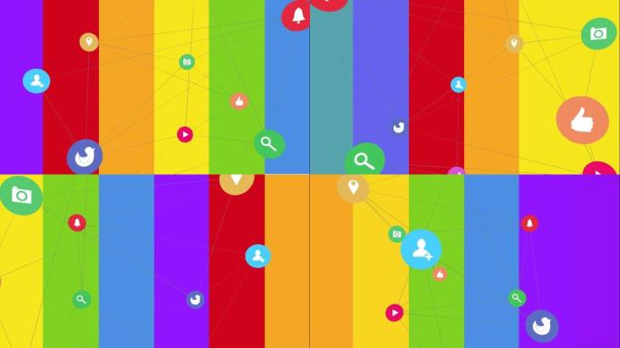 彩虹背景上的技术图标连接网络动画
