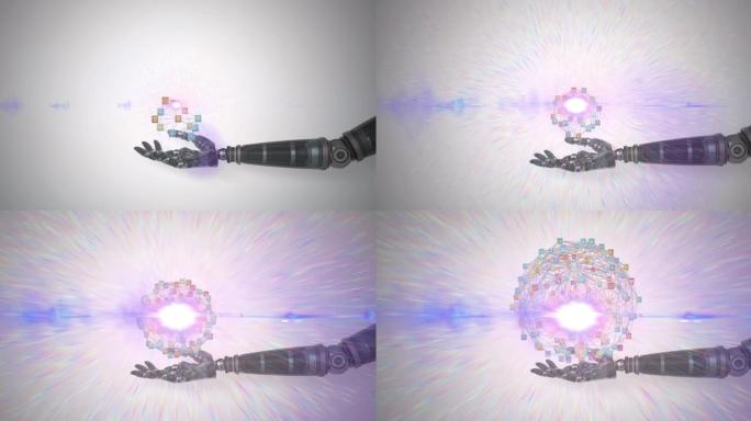 机器人手臂上的媒体图标网络动画，灰色背景上有棱柱形光
