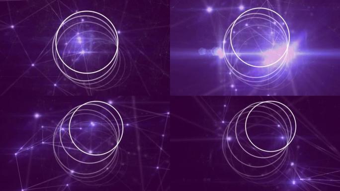 在带有发光斑点的连接网络上旋转的圆圈动画
