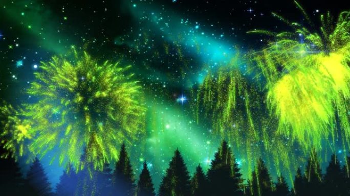 绿色圣诞节和新年烟花在星空中的树木上爆炸的动画