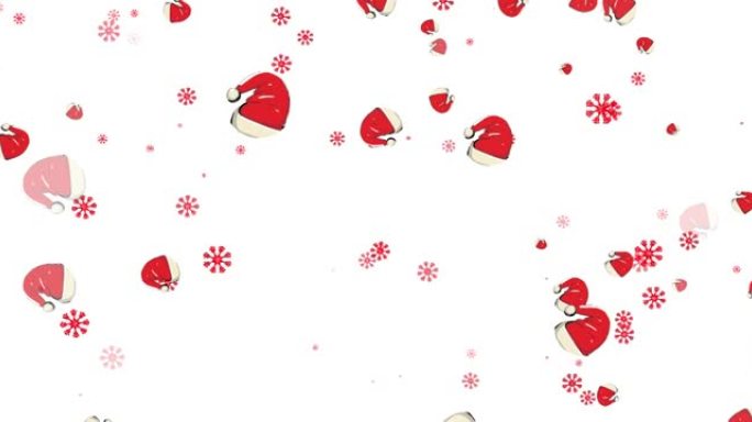 白色背景上飘落的雪花和圣诞老人帽子的动画