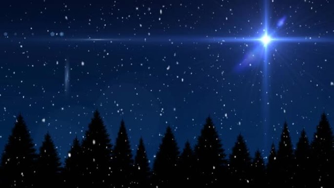 蓝色背景下的雪花落在发光的圣诞星和圣诞树上的动画