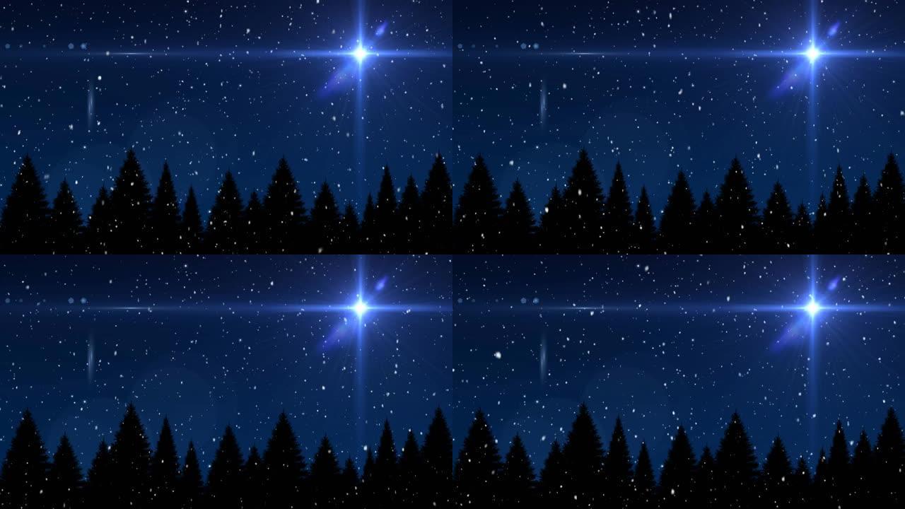 蓝色背景下的雪花落在发光的圣诞星和圣诞树上的动画