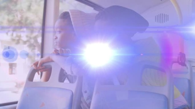 蓝色光束在公共汽车上两名非洲裔美国妇女的动画从窗外望去