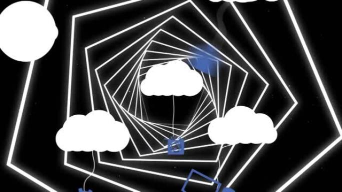 霓虹五边形上带有图标的云动画