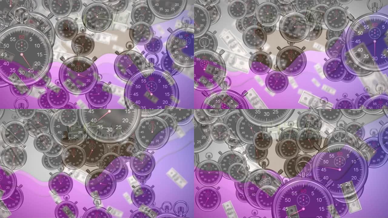 紫色波浪动画，美元钞票和时钟滴答作响