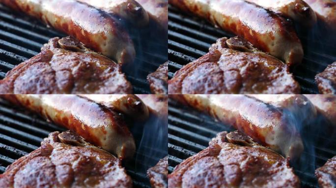 在烤架上特写3个香肠和一片肉。香肠发出嘶嘶声，可以看到淡淡的烟雾。