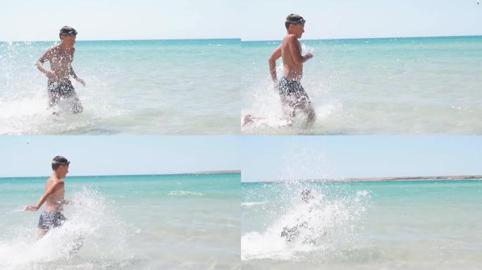 孩子，一个少年享受大海的浪花，一个男孩在阳光明媚的夏日在蔚蓝的大海上奔跑，在蓝天下。慢动作视频