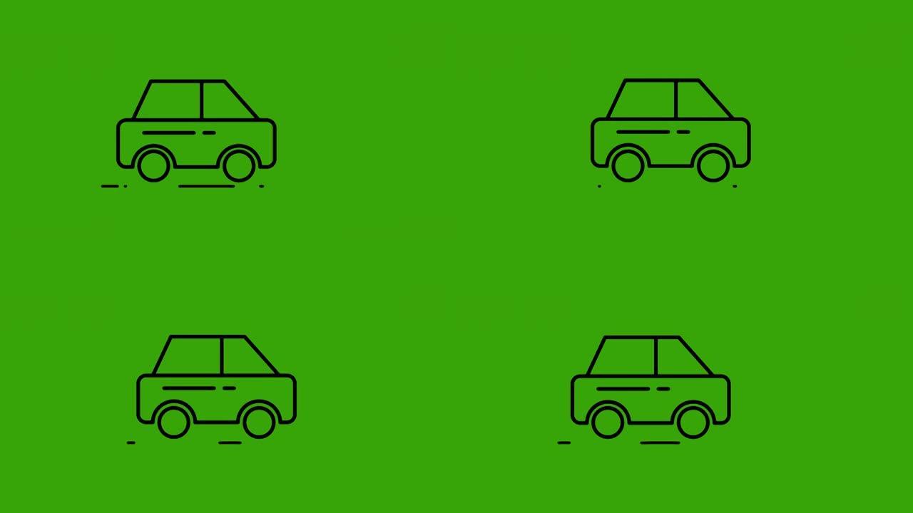 绿色屏幕上的线移动汽车动画。4k视频运动图形动画。可用于explayner视频。