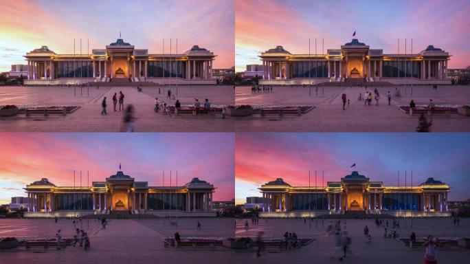 乌兰巴托中部苏赫巴特尔广场上的日落时景，蒙古的首都和最大城市