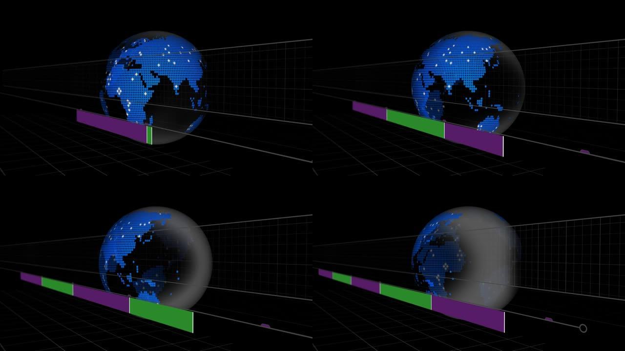 在黑色背景上旋转的3d地球仪上移动几何形状的动画