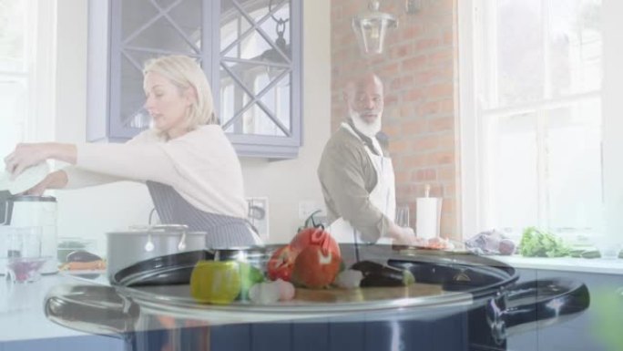在锅里的西红柿上在厨房里做饭的多样化夫妇的动画
