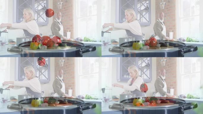 在锅里的西红柿上在厨房里做饭的多样化夫妇的动画