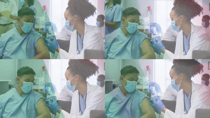 意大利国旗动画与戴着面具的女医生为男性患者接种covid疫苗
