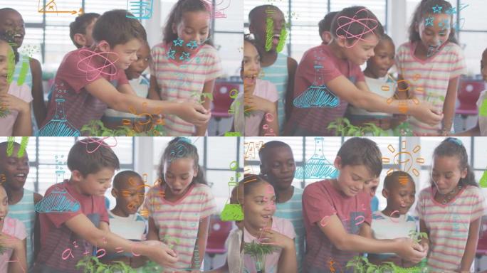 彩色科学涂鸦的动画在快乐的多样化学童上看着课堂上的植物