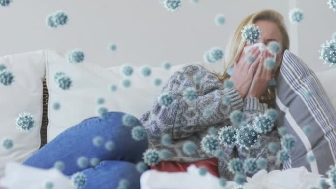 冠状病毒19细胞在生病的白人金发女人吹鼻子上的动画