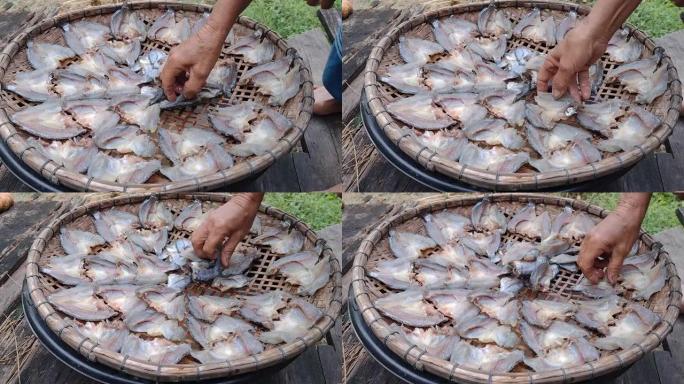 渔民在阳光下晒鱼，制作干鱼。