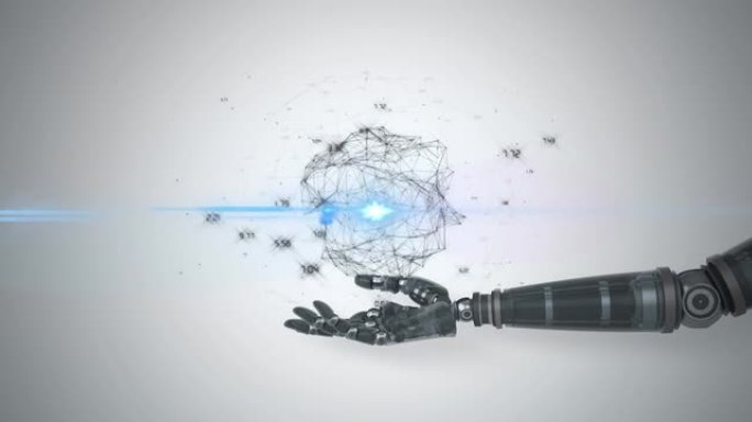 连接网络动画通过机器人手臂的手处理数据，灰色蓝灯