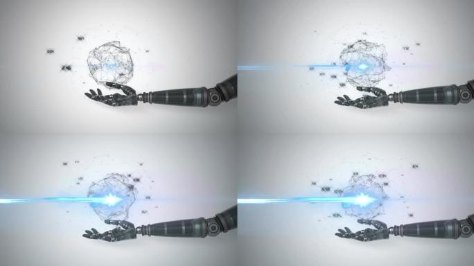 连接网络动画通过机器人手臂的手处理数据，灰色蓝灯