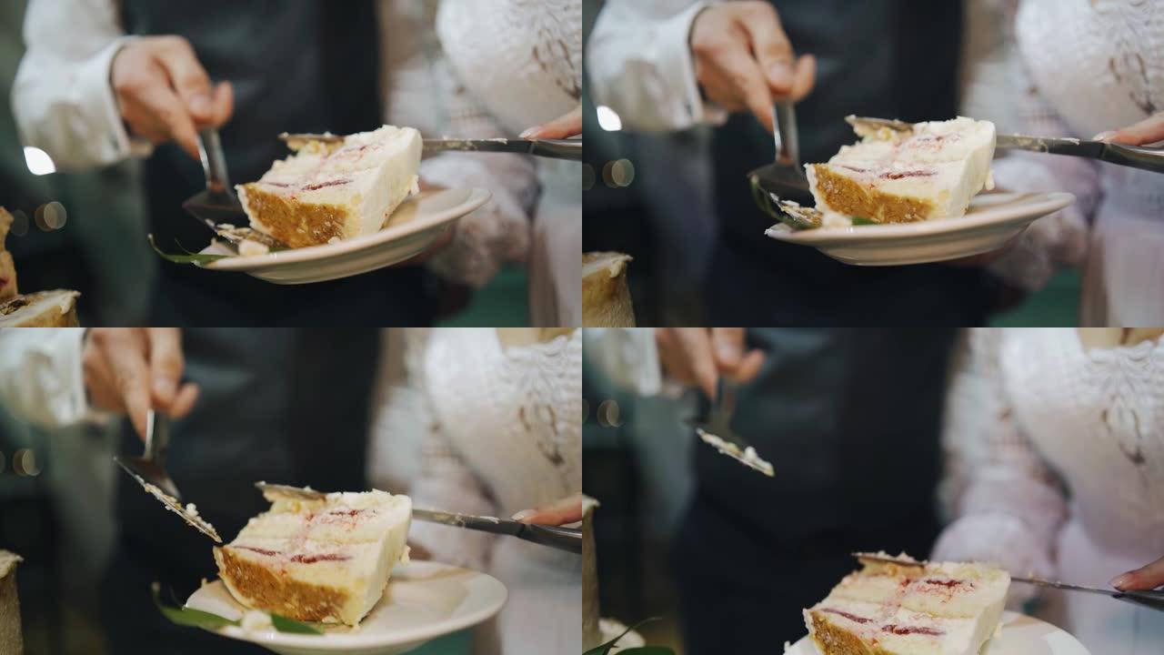 生日蛋糕的切块放在盘子里。摄像机拍摄的美味非常大。甜食的美丽照片
