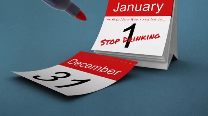动画红笔和停止饮酒文字在1月1日的日常日历