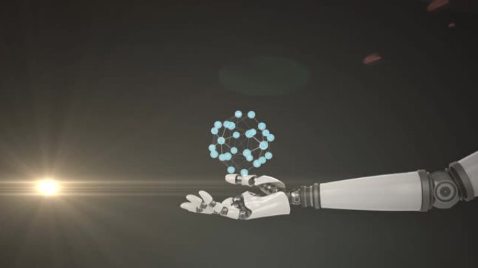 扩展机器人手臂的手上不断增长的网络动画，在黑暗的背景上移动光线