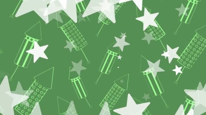 绿色背景上的白色星星和火箭烟花动画