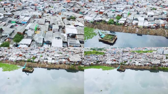 雅加达湖畔贫民窟住宅的空中风景