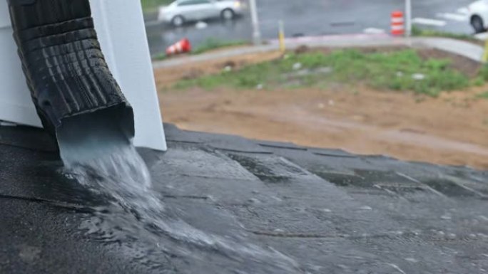 房屋屋顶的暴雨，雨水从屋顶流下