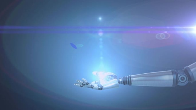 蓝色光光和镜头耀斑在机器人手臂上的动画，蓝色背景上有脉冲光