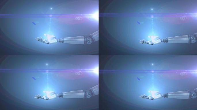 蓝色光光和镜头耀斑在机器人手臂上的动画，蓝色背景上有脉冲光