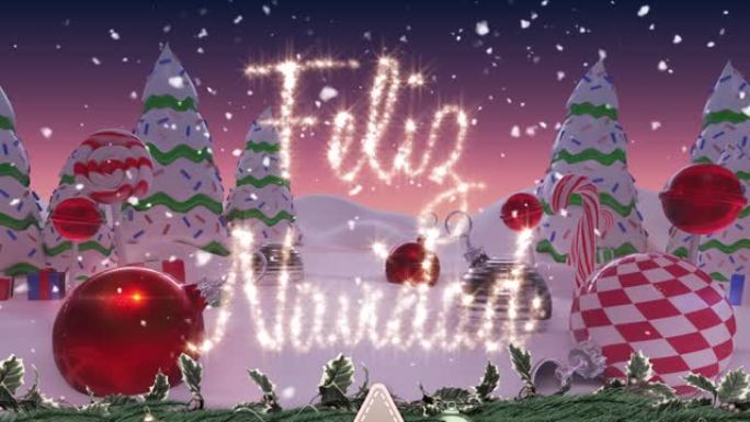 Feliz navidad文字和雪落在冬季景观上的圣诞节装饰品和树木上