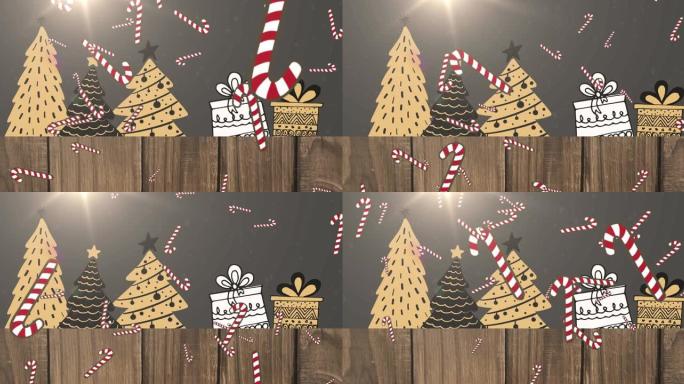 雪花和拐杖掉落在圣诞树上的动画以及黑色背景上的礼物