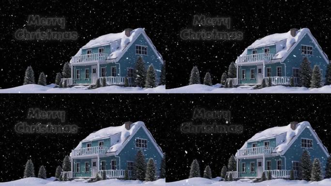 圣诞节快乐的动画在降雪和冬季景观上