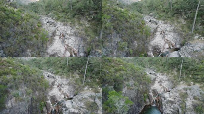 空中缓慢回撤显示田园诗般的风景，河流瀑布，Gerês-葡萄牙