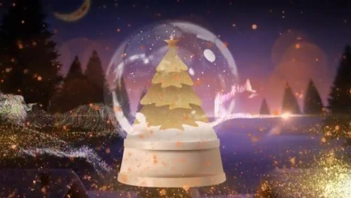 金色流星雨围绕着圣诞树旋转，雪花玻璃球映衬着冬日的风景