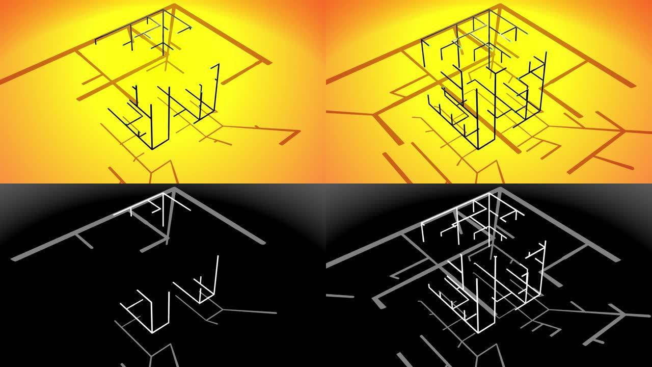 橙色bg上的4k抽象黑色线框。通过人工智能或神经网络构建解决方案。Ai不断增长的线的几何图案形成立方