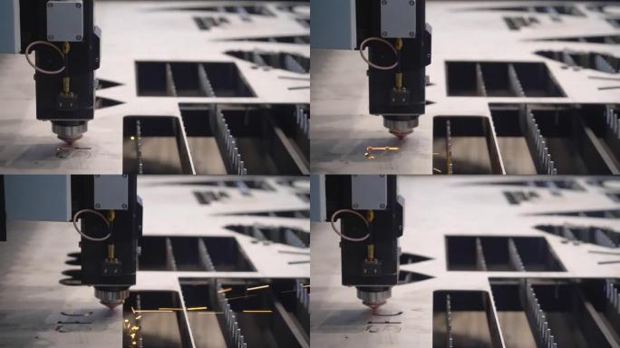 用于金属切割的激光机器人机器。HDR。工业激光切割金属板图案的特写。工业工厂的现代激光机
