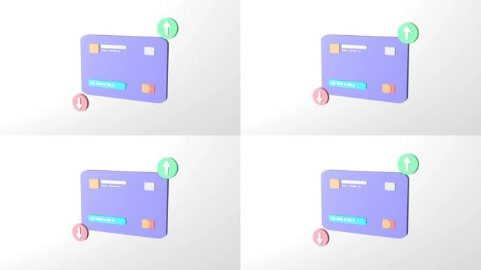 3D渲染蓝色或紫色信用卡到在线支付，在线移动银行和白色背景上的支付交易。非接触式支付的正确信用卡图标