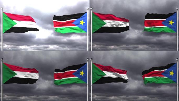 苏丹和南苏丹国旗互相挥舞|可循环。