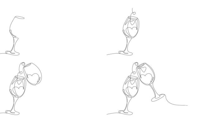两杯心形葡萄酒的动画连续线描