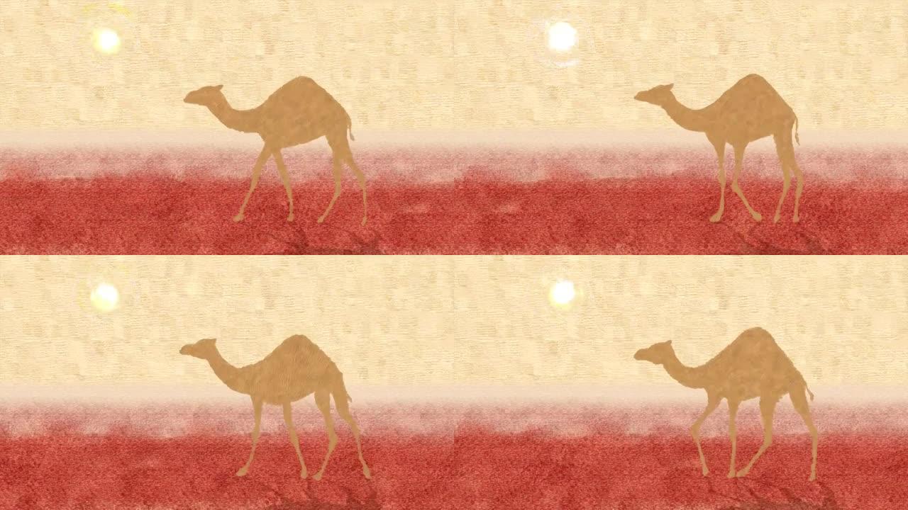 沙漠动画中的骆驼行走。